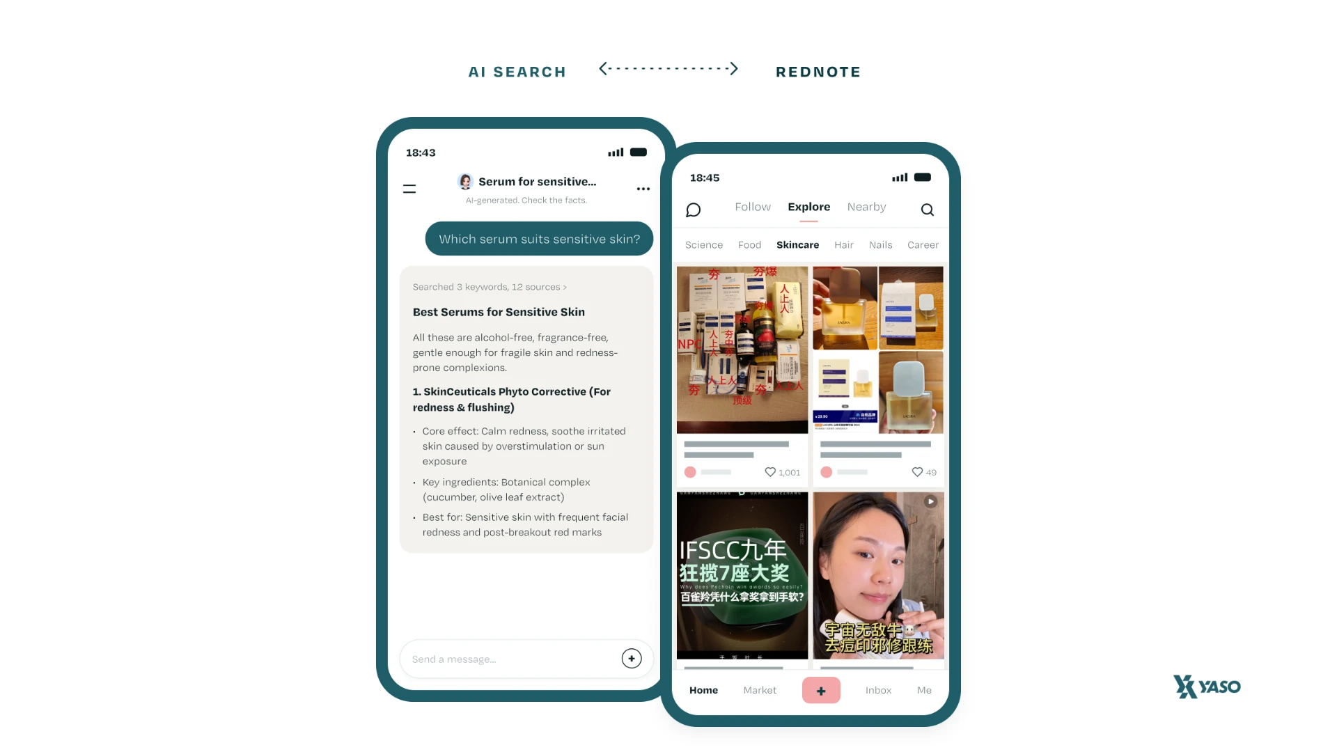 Side-by-side phones showing AI search recommendations and RedNote content