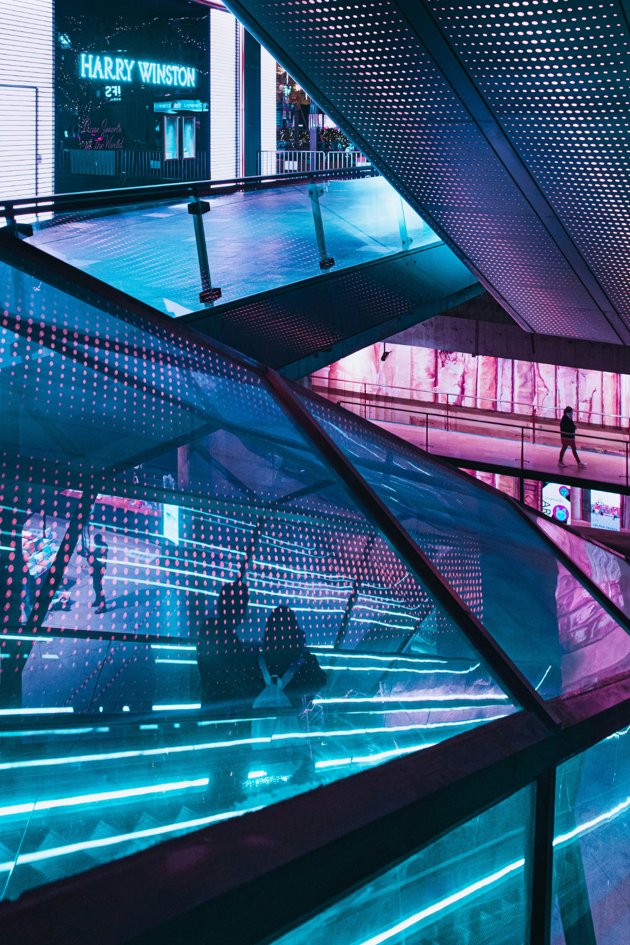 Neon-lit retail architecture in a Chinese shopping district at night