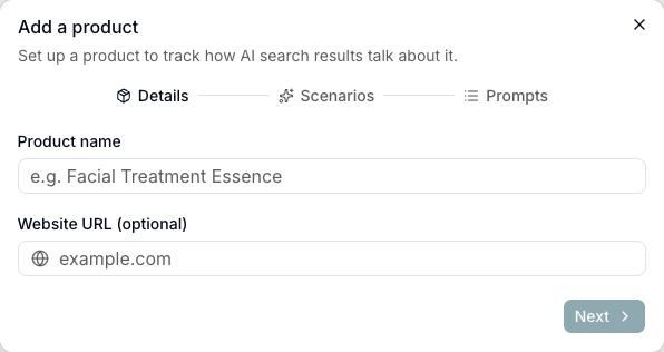 Add a product dialog for tracking AI search results by SKU
