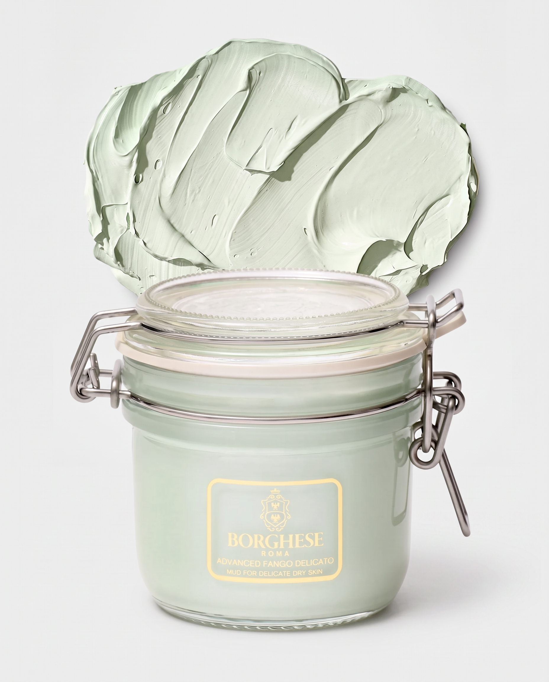 Borghese Advanced Fango Delicato mud mask jar with a swatch of green clay