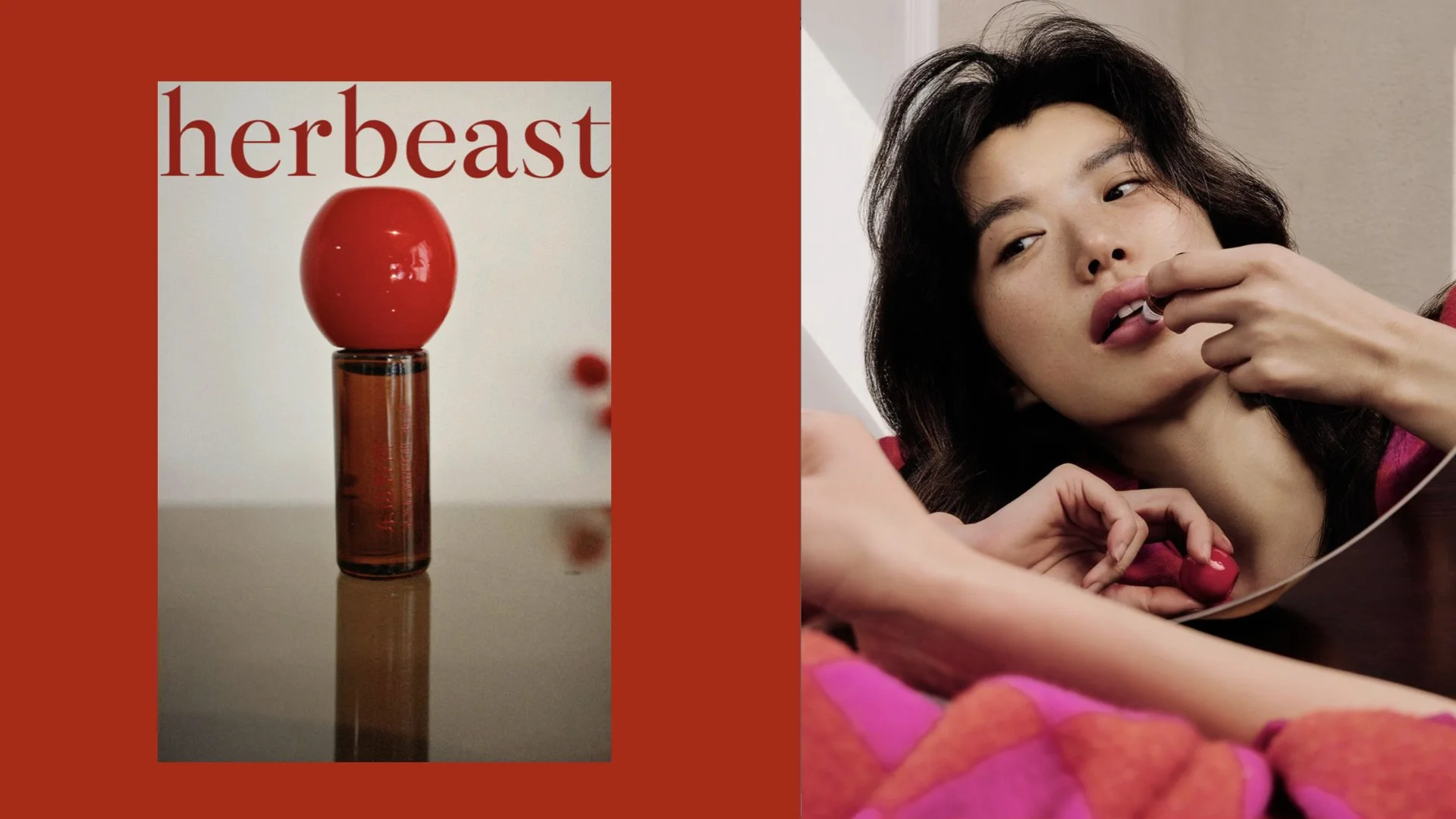 Herbeast branding alongside a model applying a red lip product.