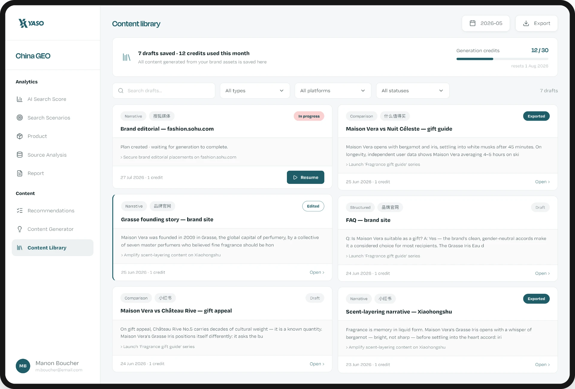 China GEO Content library showing saved drafts, statuses and generation credits