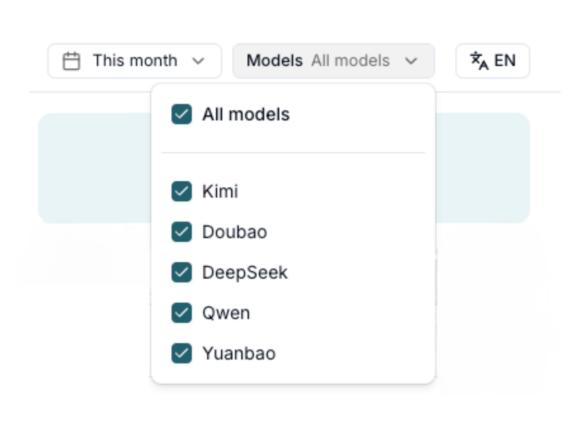 Models filter showing Kimi, Doubao, DeepSeek, Qwen and Yuanbao