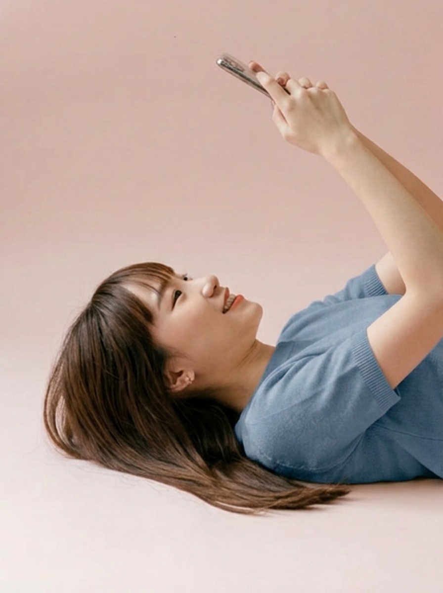 Model in a blue top lying back, looking up at her phone against a pink backdrop