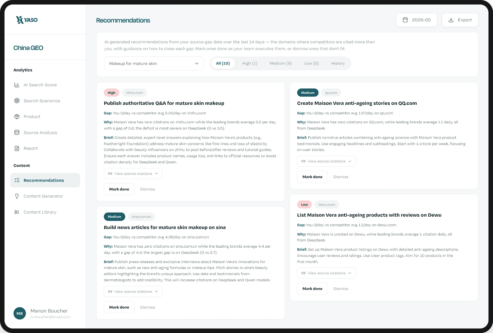 China GEO Recommendations dashboard showing ranked, prioritised content actions by domain