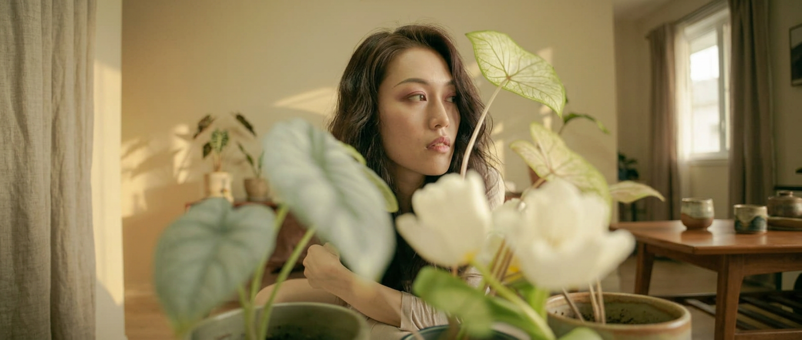 Soft, warm-lit portrait through glass skincare bottles