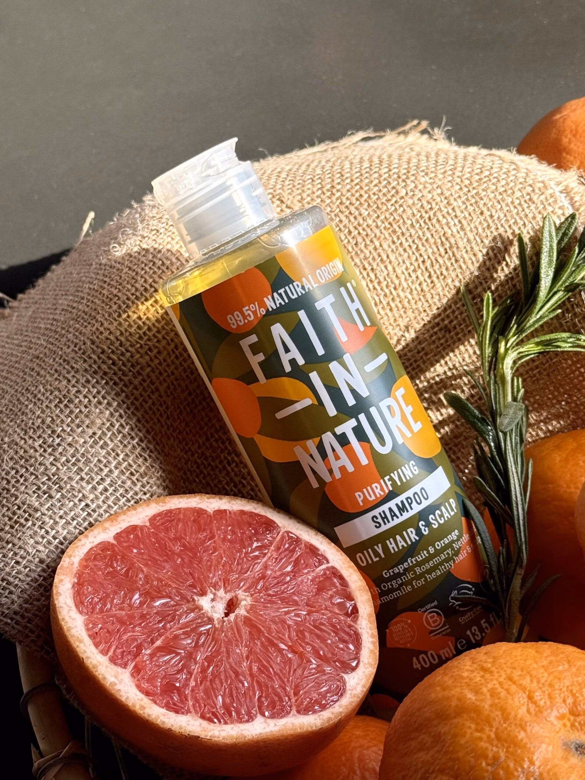 Faith in Nature botanical product photography on a warm backdrop.