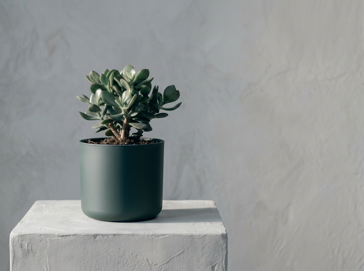Jade plant in a green ceramic pot on a plaster plinth