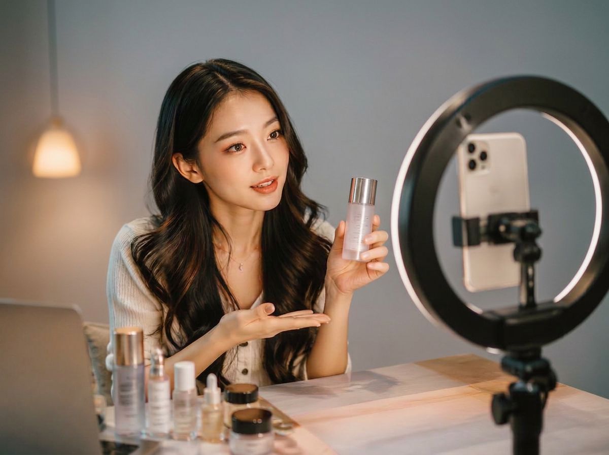 Creator filming a beauty product review with a ring light