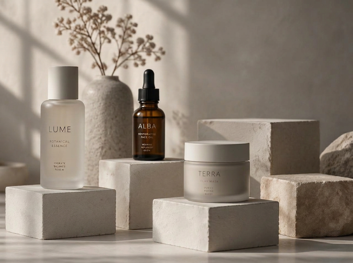 Beauty products arranged on pale plaster plinths in soft light