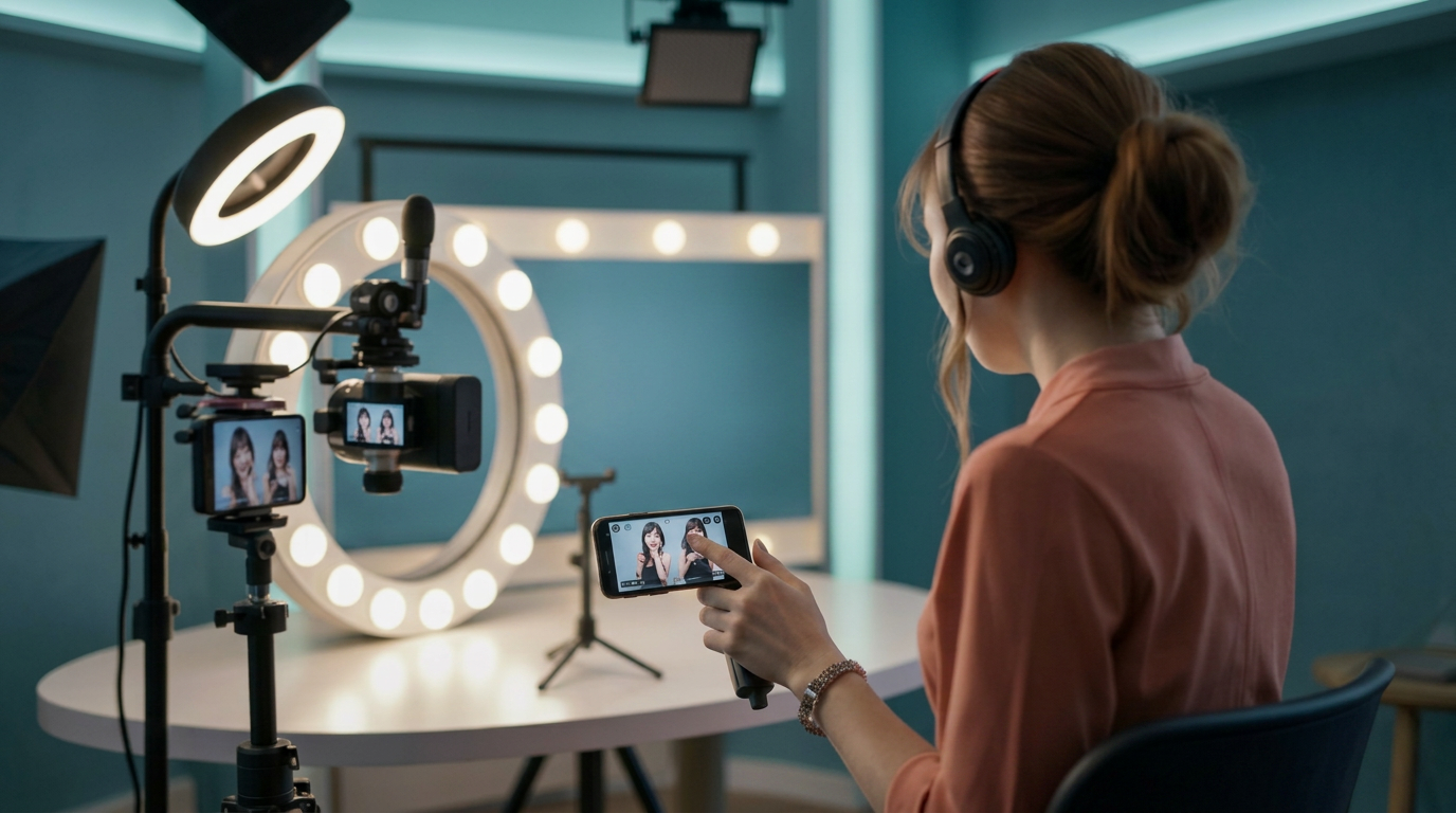 Livestream studio with ring light and phone for China social commerce