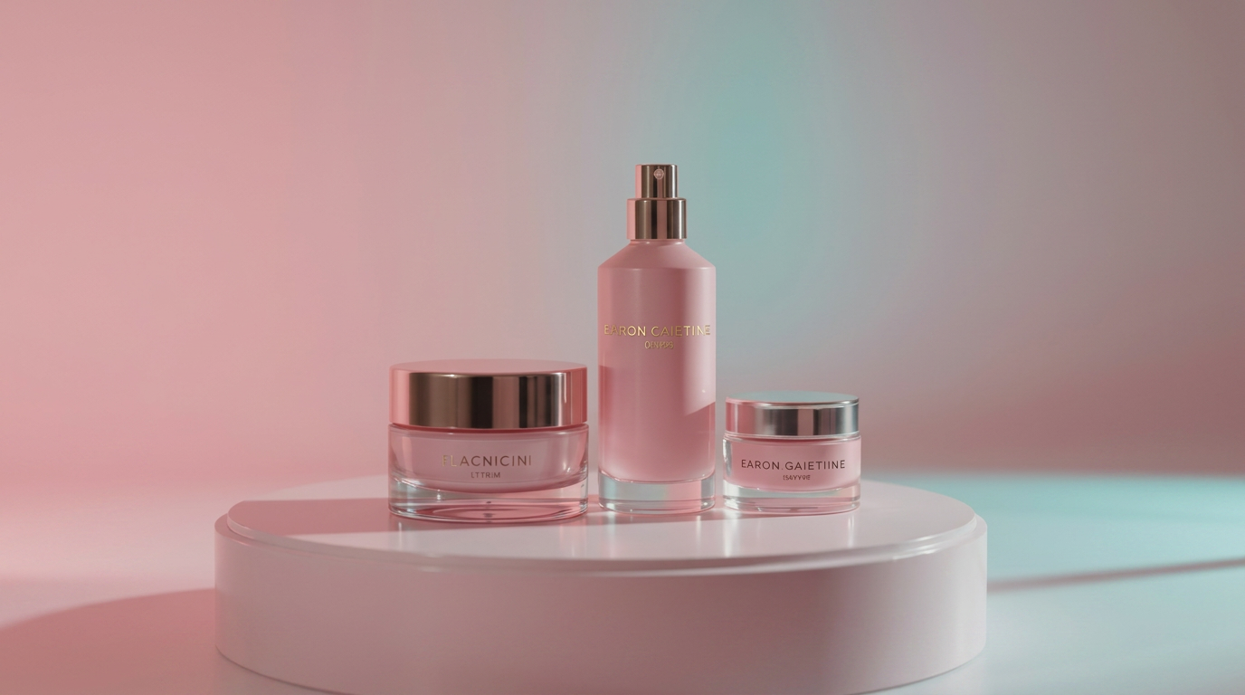 Pink skincare and cosmetics products on a podium