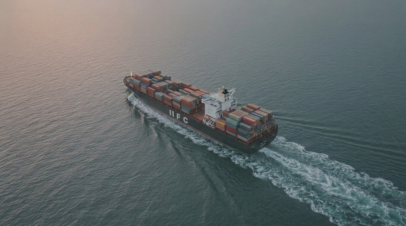 Aerial view of a container ship at sea