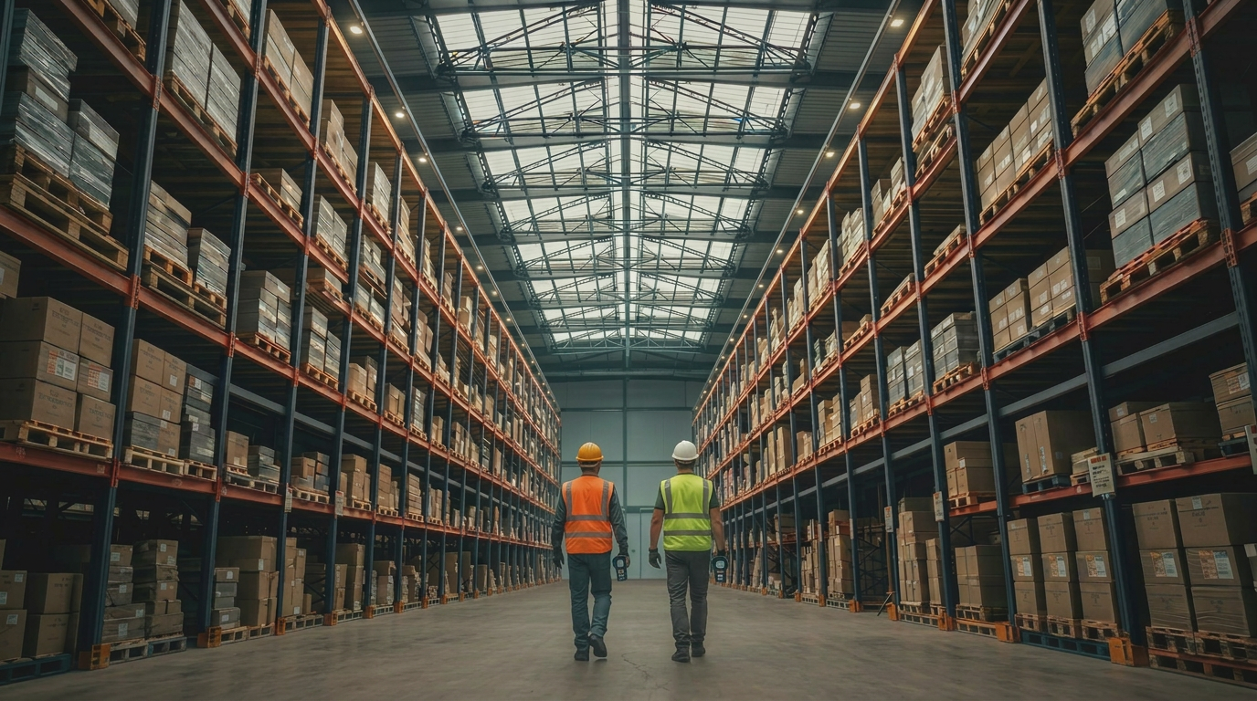 Wide-angle view of a China warehouse interior with shelves and a worker in the aisle
